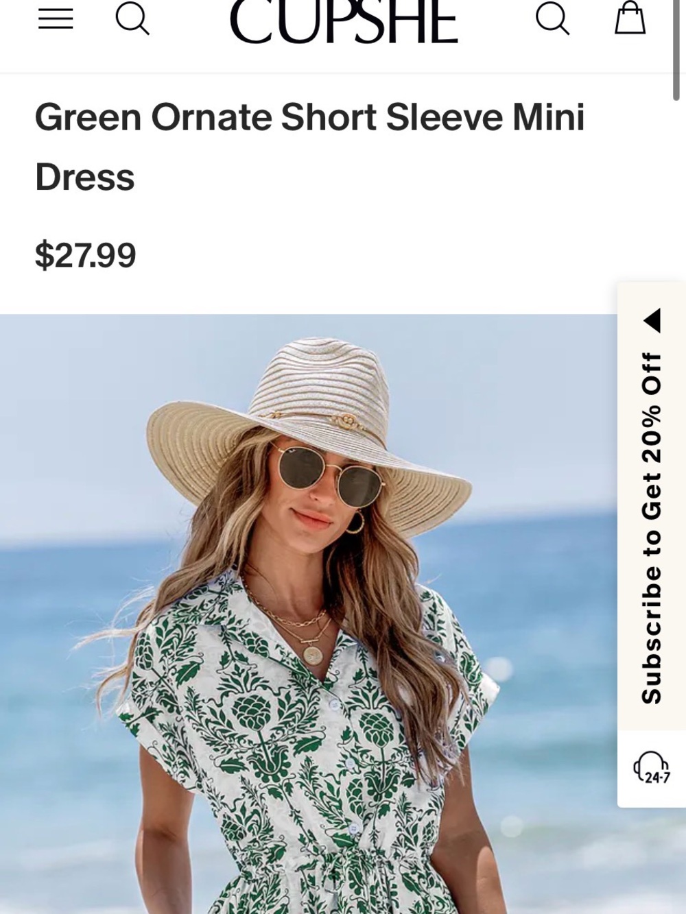 Cupshe Green & White L Botanical Short Sleeve Mini Dress